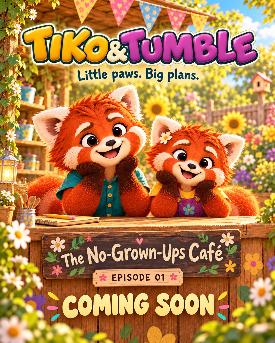 Coming-soon poster for Episode 01, The No-Grown-Ups Café, with Tiko and Tumble smiling behind their garden counter.